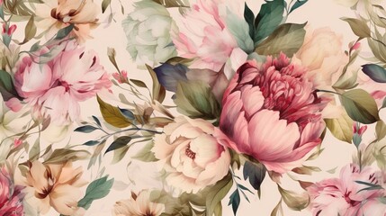  a floral wallpaper with pink and green flowers on a white background.  generative ai