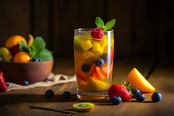delicious and healthy summer cocktail of tropical fruits and berries in a glass glass under the rays of the sun. The concept of healthy drinks with vitamins, proper nutrition.