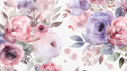  a watercolor painting of pink and purple flowers on a white background.  generative ai