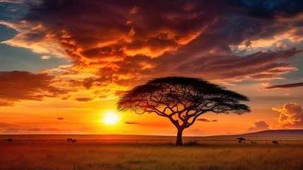 Photo sur Plexiglas Rouge violet Acacia tree silhouette standing tall against the backdrop of a breathtaking sunset. Generative AI