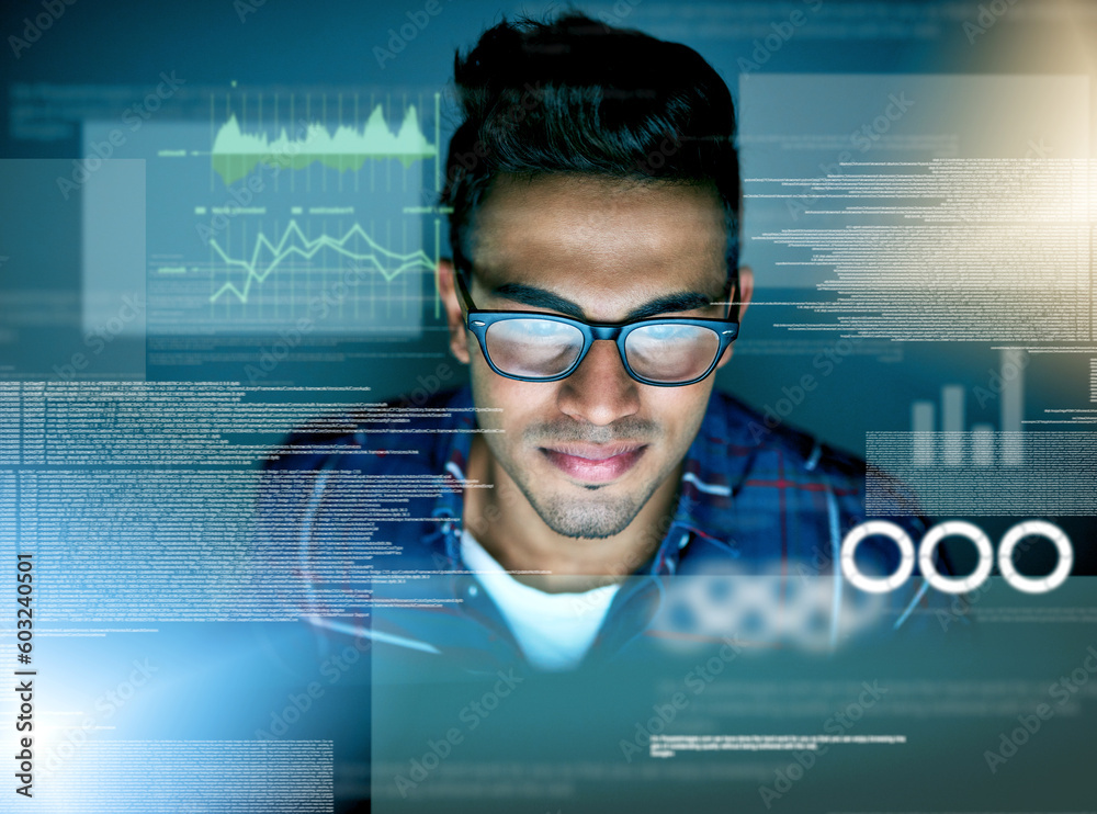 Leinwandbilder Stats, overlay and a man with data for coding, programming or cloud computing at night in an office. Business, dark and a programmer with a network of charts and graphs to design an online system