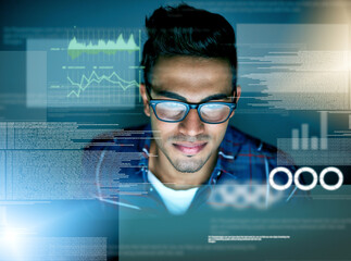Stats, overlay and a man with data for coding, programming or cloud computing at night in an...
