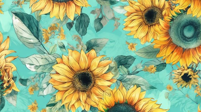  a painting of sunflowers with leaves and flowers on a blue background.  generative ai