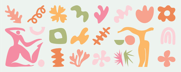 Fototapeta na wymiar Set of abstract organic shapes inspired by matisse. Plants, leaf, people, algae, vase in paper cut collage style. Contemporary aesthetic vector element for logo, decoration, print, cover, wallpaper.