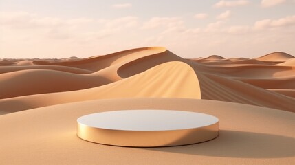 Empty circular marble podium in middle of sand dunes background, minimalist concept. Generative AI. - obrazy, fototapety, plakaty