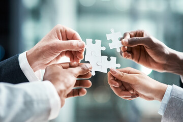 Puzzle, teamwork or group of people hands for solution, business goals and integration of workflow or success. Team building, games and development of person problem solving, synergy or collaboration - obrazy, fototapety, plakaty