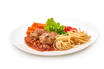 Baked meatballs with spaghetti and tomato sauce, isolated on white background.