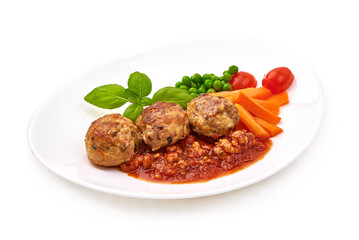 Baked meatballs with tomato sauce, isolated on white background.