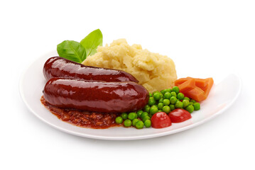 Baked sausages with mashed potatoes, isolated on white background.