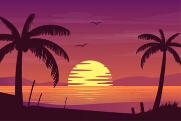 Fototapeta na wymiar Summer background Colorful palm silhouettes beach landscape