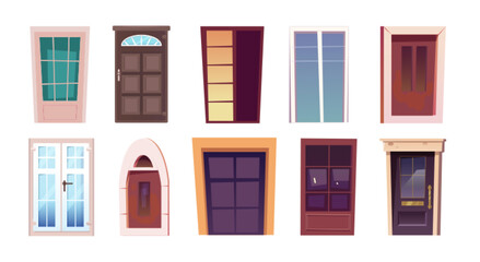 Vector house front door cartoon isolated illustration set. Home different entrance with window exterior icon element on white background. Contemporary external detailed closed wooden asset kit