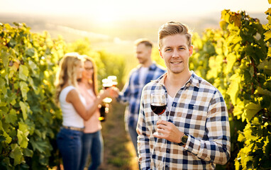Portrait of a young, millennial vintner holding a glass of organic bio red wine outdoors in a vineyard with his friends in the background - Vine-growing, and wine-tasting concept