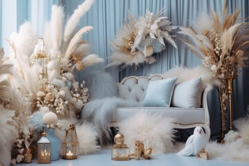 Pastel Blue and Gold Festive Scene. Beautiful Christmas Decorations with Pampas Grass.