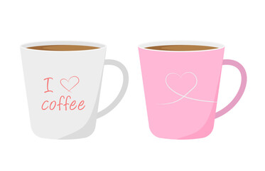 White and pink mugs on a white background. Vector illustration in flat style.