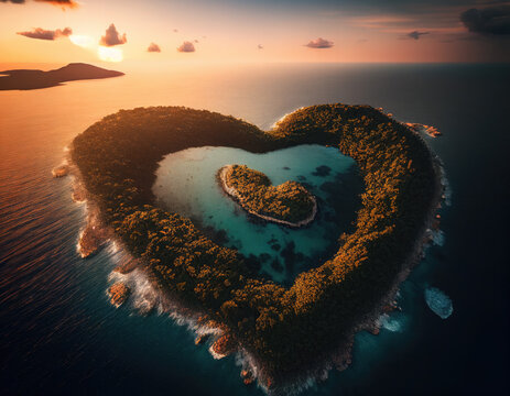 Paradise Island in the Shape of a Love Heart. Sunrise Aerial Perspective, Holiday Concept. Generative AI.