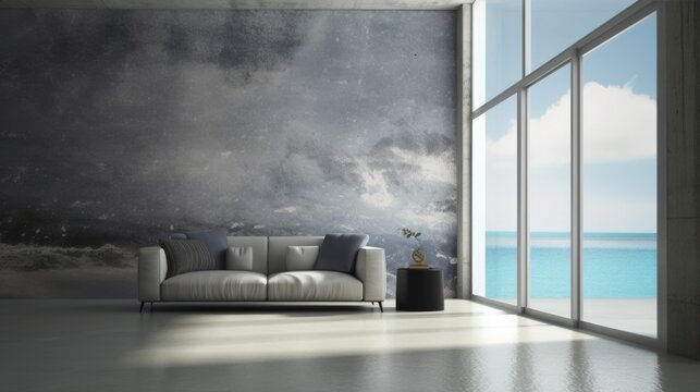 Sea View Living Room Background. Contemporary Interior Design. Generative AI.