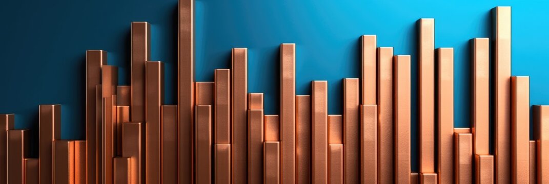 Copper bars forming a graph chart on a blue background. Commodity supercycle concept. Generated with the use of an AI.