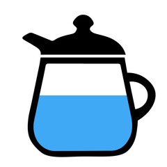 Black hand drawing illustration of a transparent glass kettle with cold water for tea isolated on a white background
