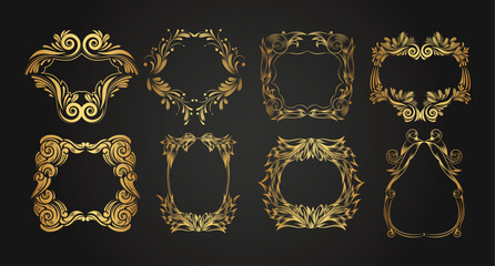 Luxury decorative golden frames. Retro ornamental frame, vintage ornaments & ornate border. Decorative wedding frames, antique museum image borders. Isolated vector icons set