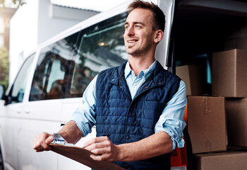 Idea, shipping and a courier man with his van, holding a clipboard for an order or address. Logistics, ecommerce and supply chain with a male driver thinking of an inventory checklist for delivery