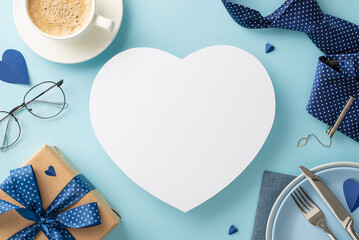 Create an impressive Father's Day table setup with a flat lay top view of heart shaped card, coffee, plates, tie, spectacles, and giftbox with ribbon bow on a pastel blue background and heart for text