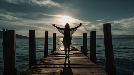 Fototapeta premium silhouette of a person standing on a pier