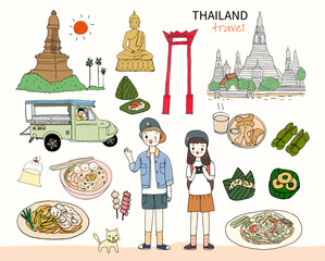 Travel and landmarks icons, hand drawn style vector illustration