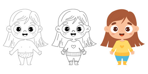 Collection coloring drawings. Cute cartoon kid girl. Outline, linear drawings coloring book and color drawing. Vector illustration. Childrens collection. Isolated funny kids on white background