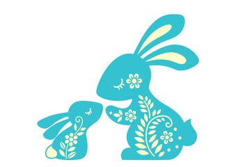 Vector illustration of a funny rabbit family among flowers. Silhouette of a Mom and baby rabbit for Easter Family look t-shirt design, Easter decoration, laser cut, card