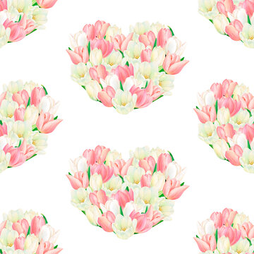 Watercolour drawing rapport of beautiful heart-shaped white and pink tulips on white background. Hand-drawn luxurious flowers. High quality illustration for logo, postcards textile printing, stamp