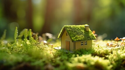 Green home. Concept for ecologically efficient and green dwelling. a tiny wooden home set between ferns, moss, and springtime grass on a beautiful day. GENERATE AI - obrazy, fototapety, plakaty