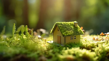 Foto op Canvas Green home. Concept for ecologically efficient and green dwelling. a tiny wooden home set between ferns, moss, and springtime grass on a beautiful day. GENERATE AI © Sawitree88