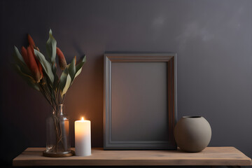 a simple art dark frame with a candle and a plant near it on a table on a dark gray background, Generative AI