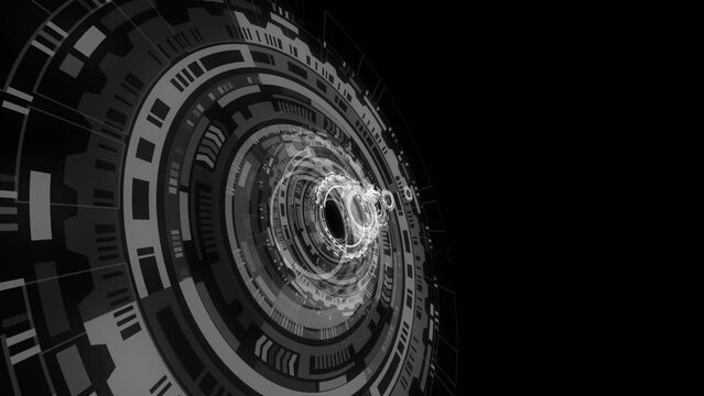 Animation of seamless loop of futuristic black and white mechanical wheel in space, engineering concept.