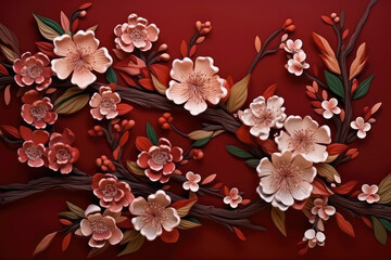 Obraz na płótnie Canvas images of flowers with red background, in the style of traditional chinese, generative AI