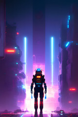 Obraz na płótnie Canvas Futuristic drawing of future and humanoid androids, future technology, bright image in cyberpunk style, created by generative AI