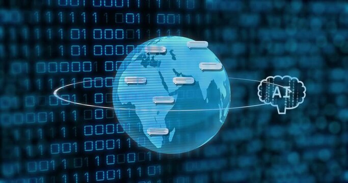 Animation of ai text and icon, data processing over binary coding