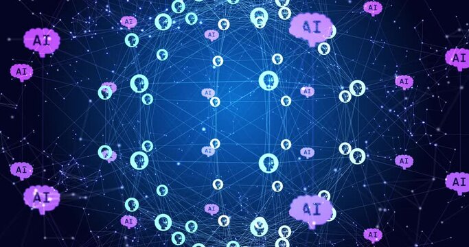 Animation of ai text and icon, data processing over globe