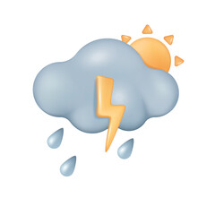 Cloud with sun and lightning 3d vector illustration. Rain and thunderstorm on sunny day on weekend in cartoon style isolated on white background. Weather forecast, meteorology concept