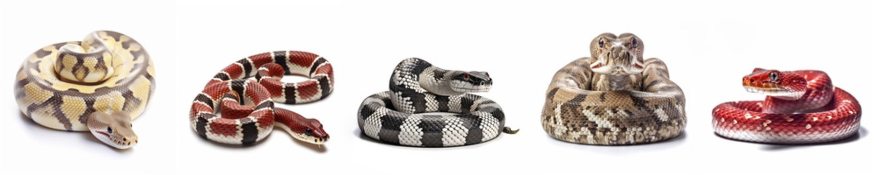 Animals reptiles snakes banner panorama long - Collection of popular snakes lying, isolated on white background, Generative Ai