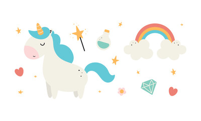 Magic unicorn set. Good for baby shower invitations, birthday cards, stickers, prints etc. Vector illustration in cartoon style.