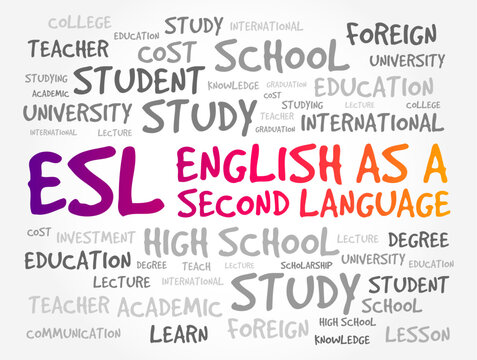 ESL - English as a Second Language acronym, word cloud text concept for presentations and reports