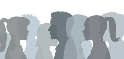 portrait of people in silhouette profile. black and white profiles of people, rally, protests, interracial vector illustration on white background