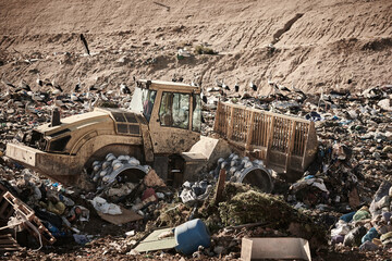 Fototapeta premium Heavy machinery shredding garbage in an open air landfill. Pollution