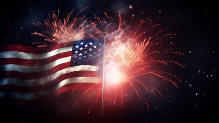 American flag with fireworks on black background. USA independence day concept. Generative AI. - obrazy, fototapety, plakaty