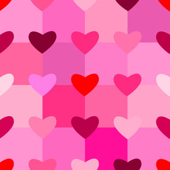 Fototapeta na wymiar Seamless checkered box pattern with pink and red colors of the hearts. Abstract geometric background. Pink hearts, valentine's day, mother, girl , woman, sweet, wedding, couple, propose concepts.