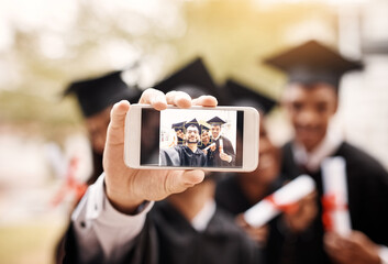 Graduation, phone screen and selfie of college or university friends and student diploma outdoor. Face of men and women happy to celebrate university achievement, education success or graduate memory
