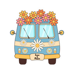 Hippie vintage bus with flowers. Groovy retro hippie travel van. Love, peace, travel, adventure, hippie culture concept. - obrazy, fototapety, plakaty
