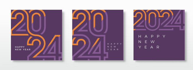 Set of happy new year posters. With thin orange and purplish blue numbers. Premium design vector set of happy new year 2024 For greeting, celebration and social media post. - obrazy, fototapety, plakaty