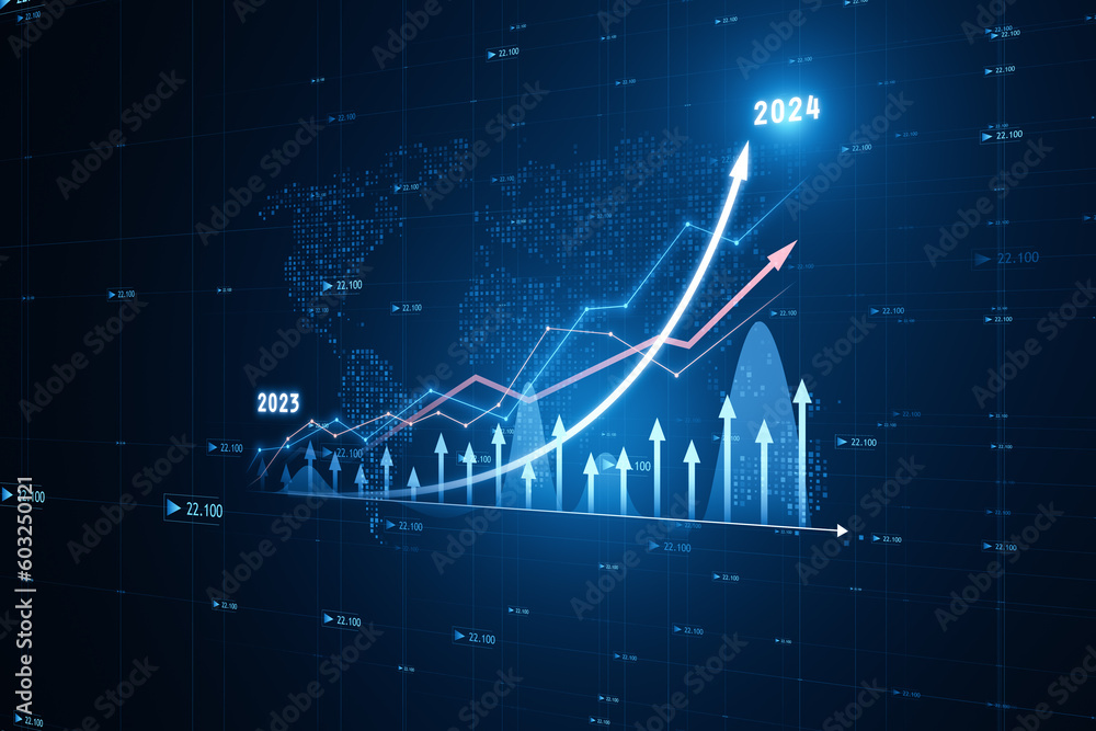 Poster Perspective view of modern growing financial chart with rising up arrow on dark blue background with world map. Currency and stock market concept. 3D Rendering